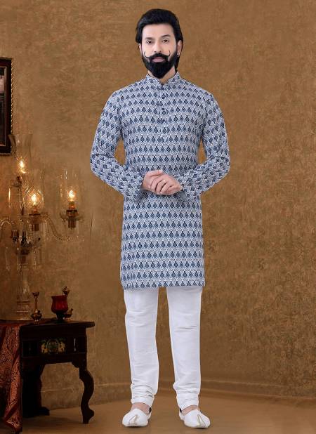 Sky Blue Colour New Printed Ethnic Wear Cotton Mens Kurta Pajama Collection KS 1536